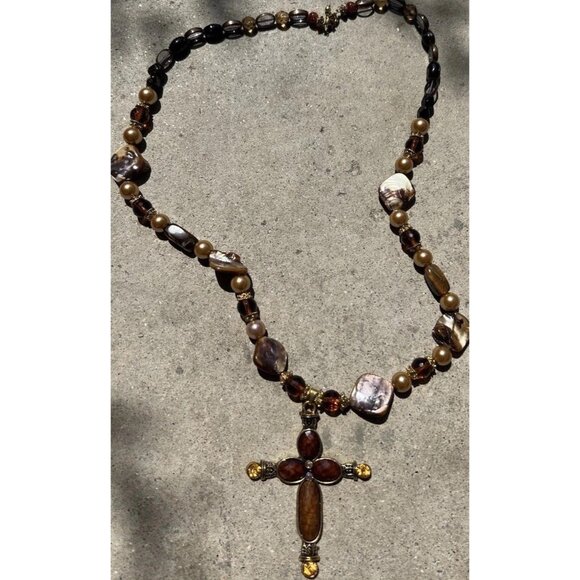 Vintage Religious Cross Brown Round Glass Bead Stone Women’s Sz 26” Pendant - Picture 4 of 12